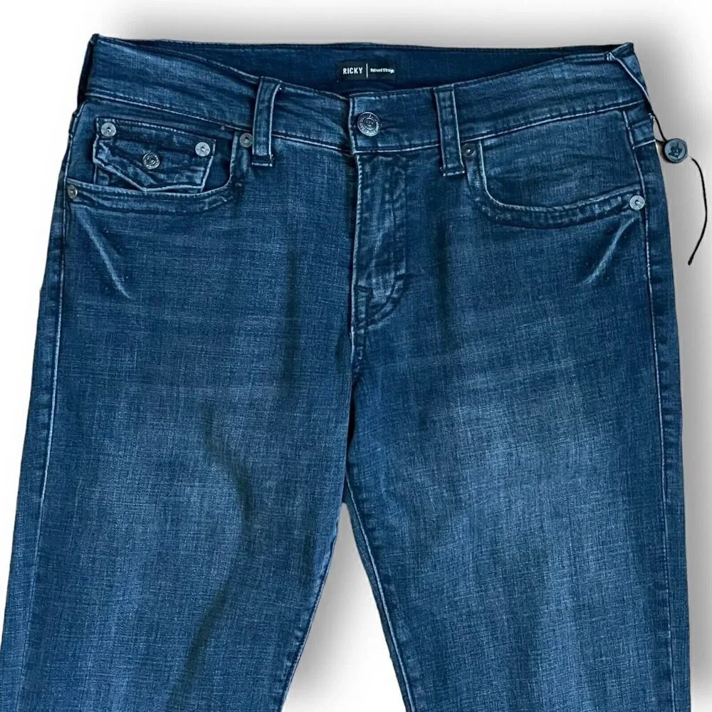 True Religion Mens Black Ricky Relaxed Fit Straight Leg Jeans Sz 32 Flap Pocket